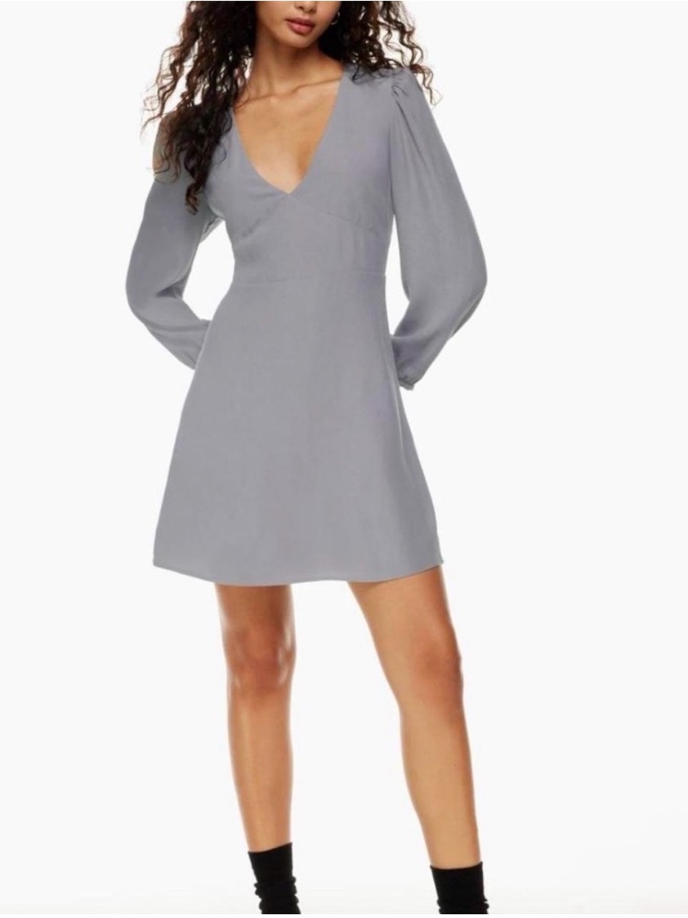 Aritzia Light Gray V-Neck Mini Dress with Long Puff Sleeves